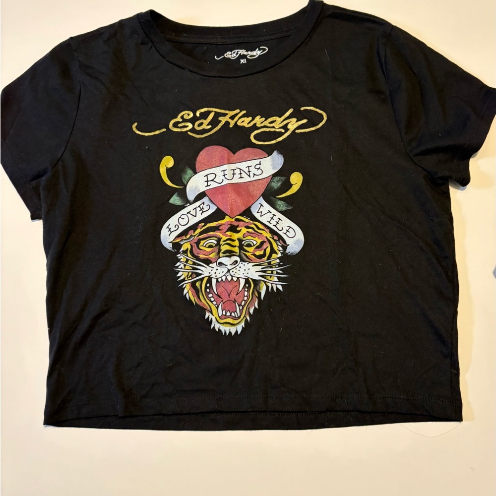 Ed Hardy Cropped Baby Tee Tiger Love Ruins Wild XL